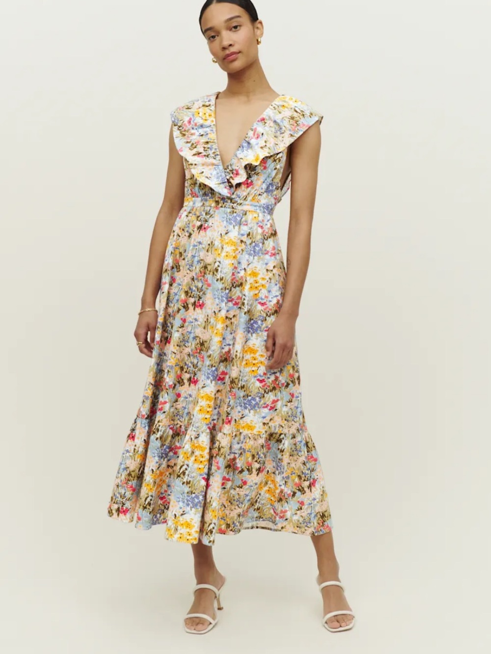 Reformation Reina Floral Ruffle Midi Dress